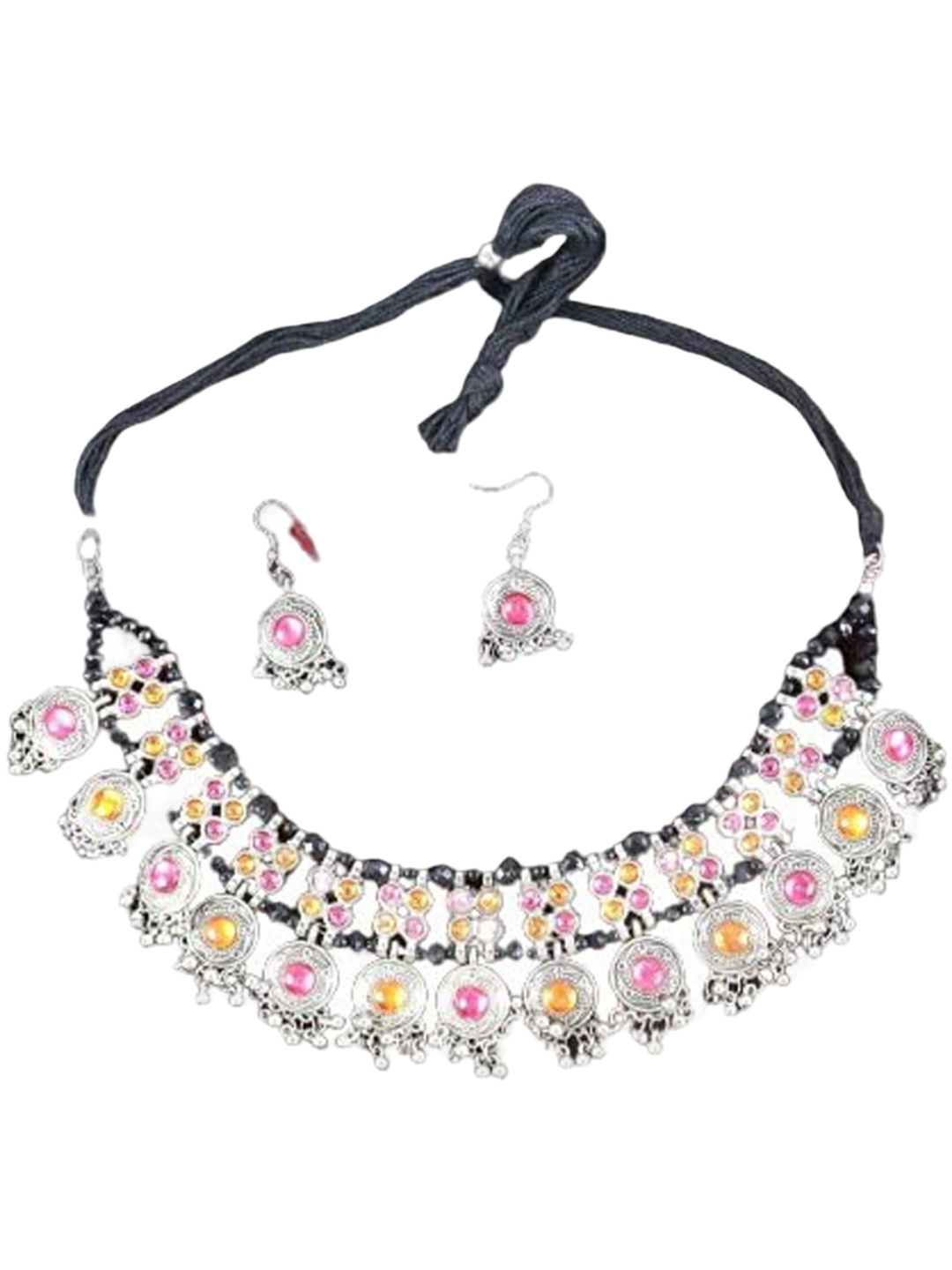 

KRENOZ Silver Plated Artificial Stones Studded & Beaded Necklace & Earrings