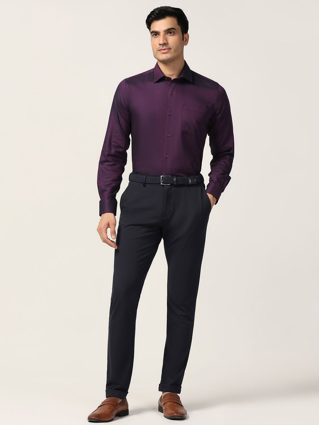 

Blackberrys Men India Spread Collar Textured Cotton Slim Fit Casual Shirt, Purple