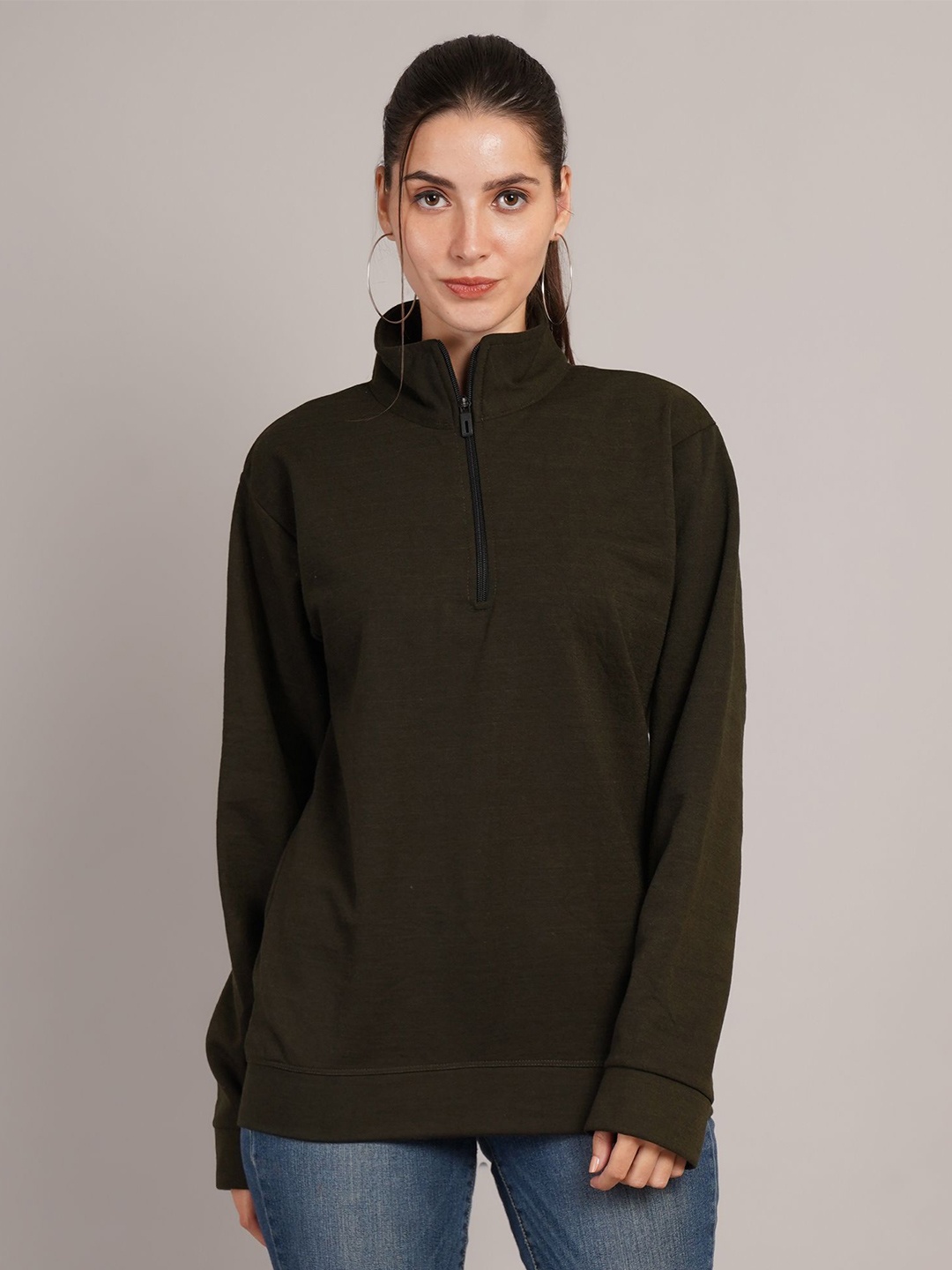 

Kushi Flyer Women Solid Pullover Ribbed Sweatshirt, Olive