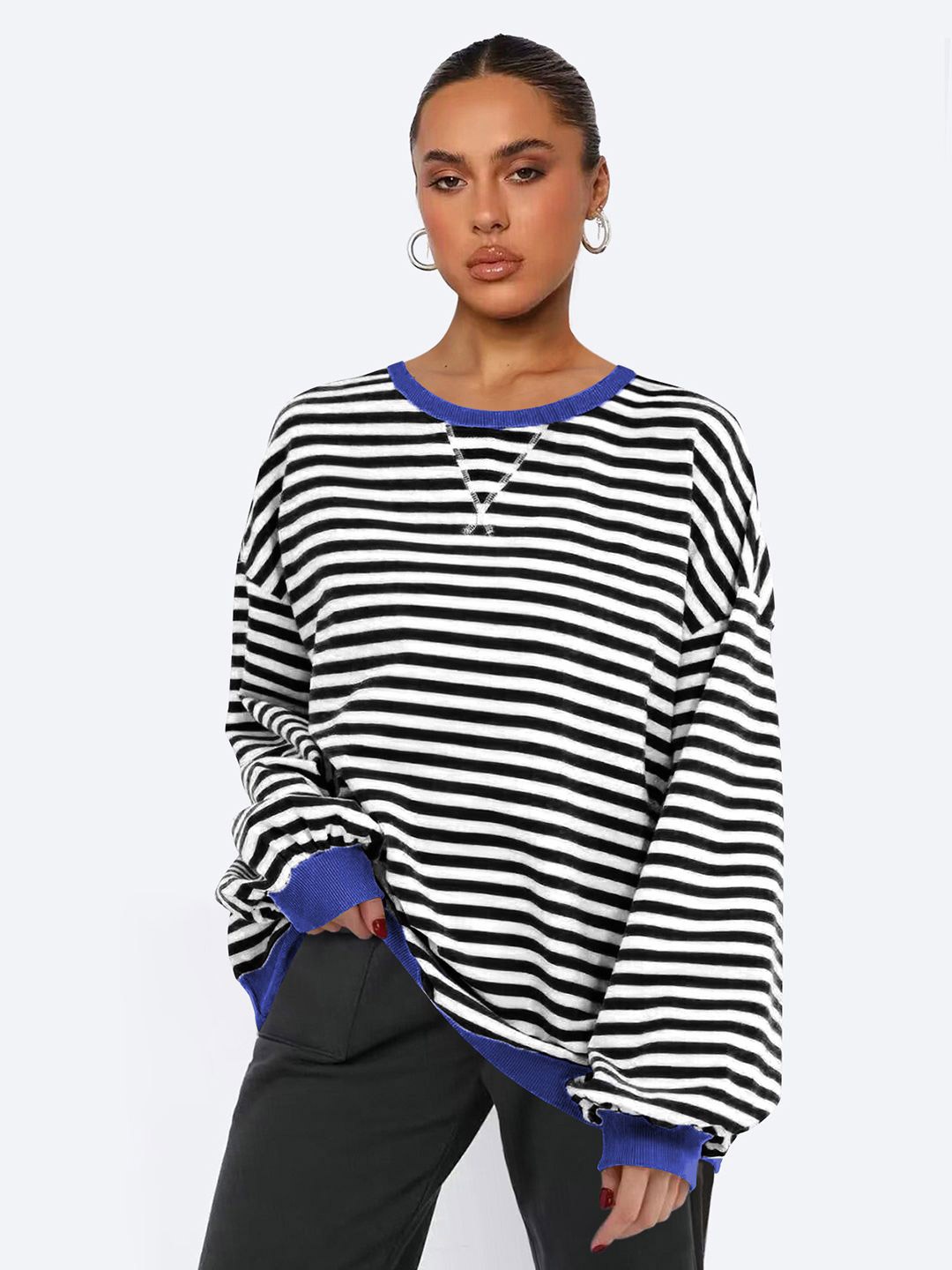 

JC Mode Women Striped Sweatshirt, Black