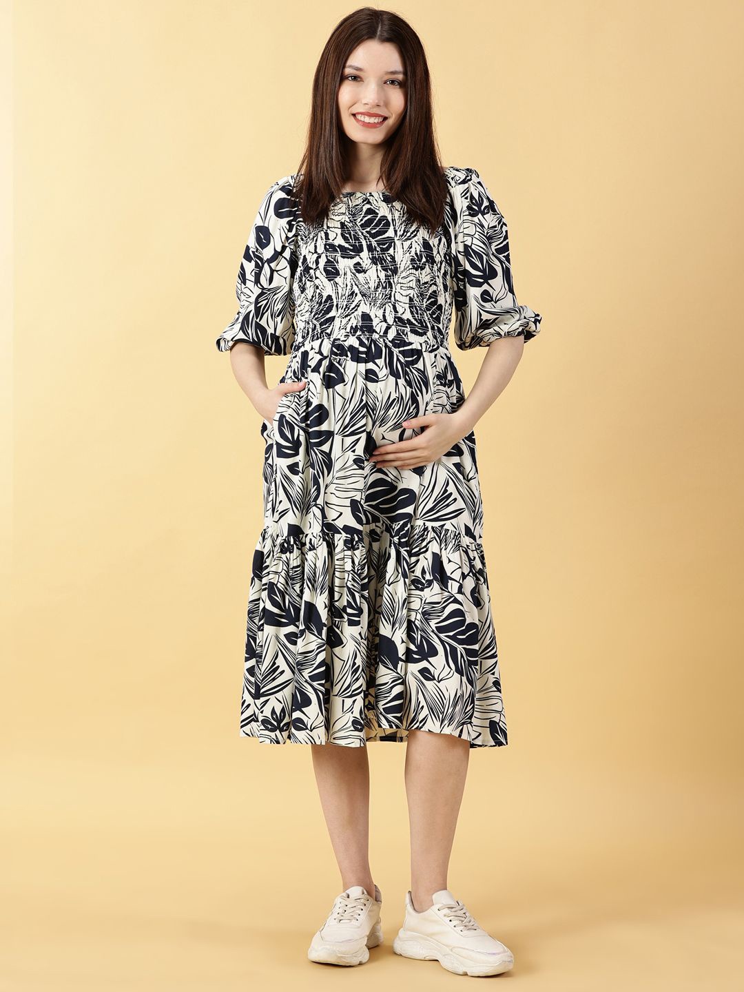 

PURPLE FLAUNT Printed Maternity Tiered Fit & Flare Midi Dress, Navy blue