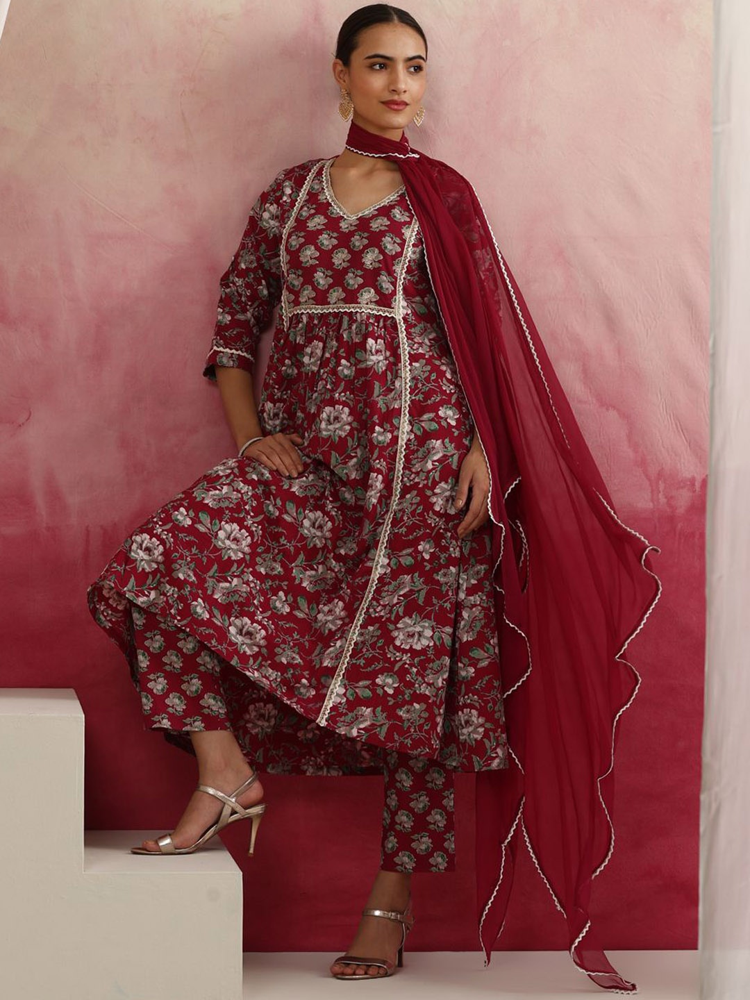 

Khushal K Floral Printed Gotta Patti Pure Cotton Anarkali Kurta with Palazzos & Dupatta, Maroon