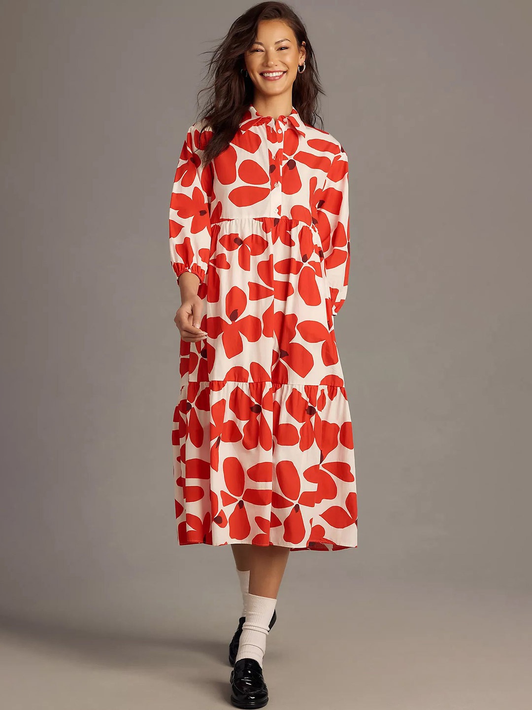 

TIRA Floral Printed Puff Sleeve Fit & Flare Maxi Dress, Off white