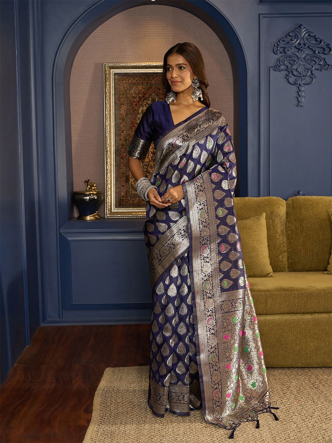 

Sangria Ethnic Motifs Woven Design Banarasi Saree With Unstitched Blouse, Blue