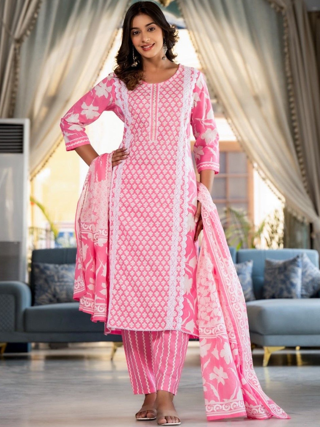 

AUTUMN LANE Floral Printed Pure Cotton A-Line Kurta With Trouser & Dupatta, Pink
