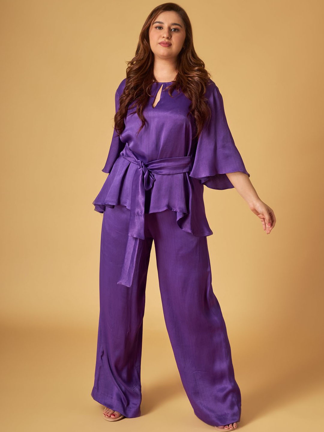 

Maisolos Keyhole Neck Tie up Top With Trousers, Purple