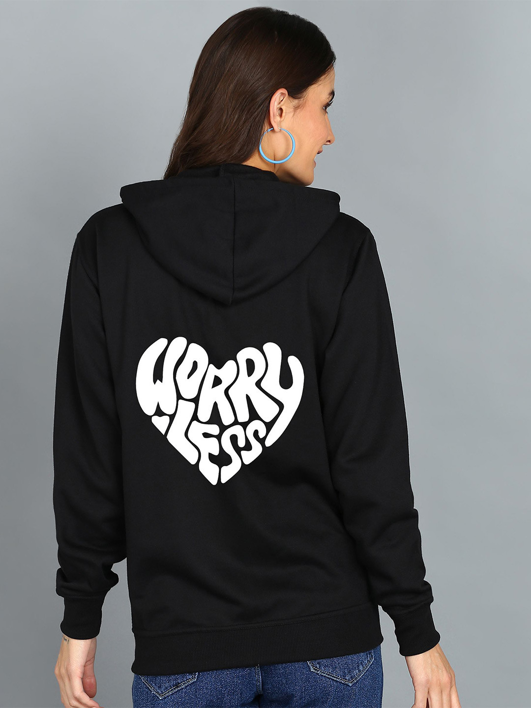 

FALTU.CO Women Printed Zip Detail Hooded Cotton Sweatshirt, Black