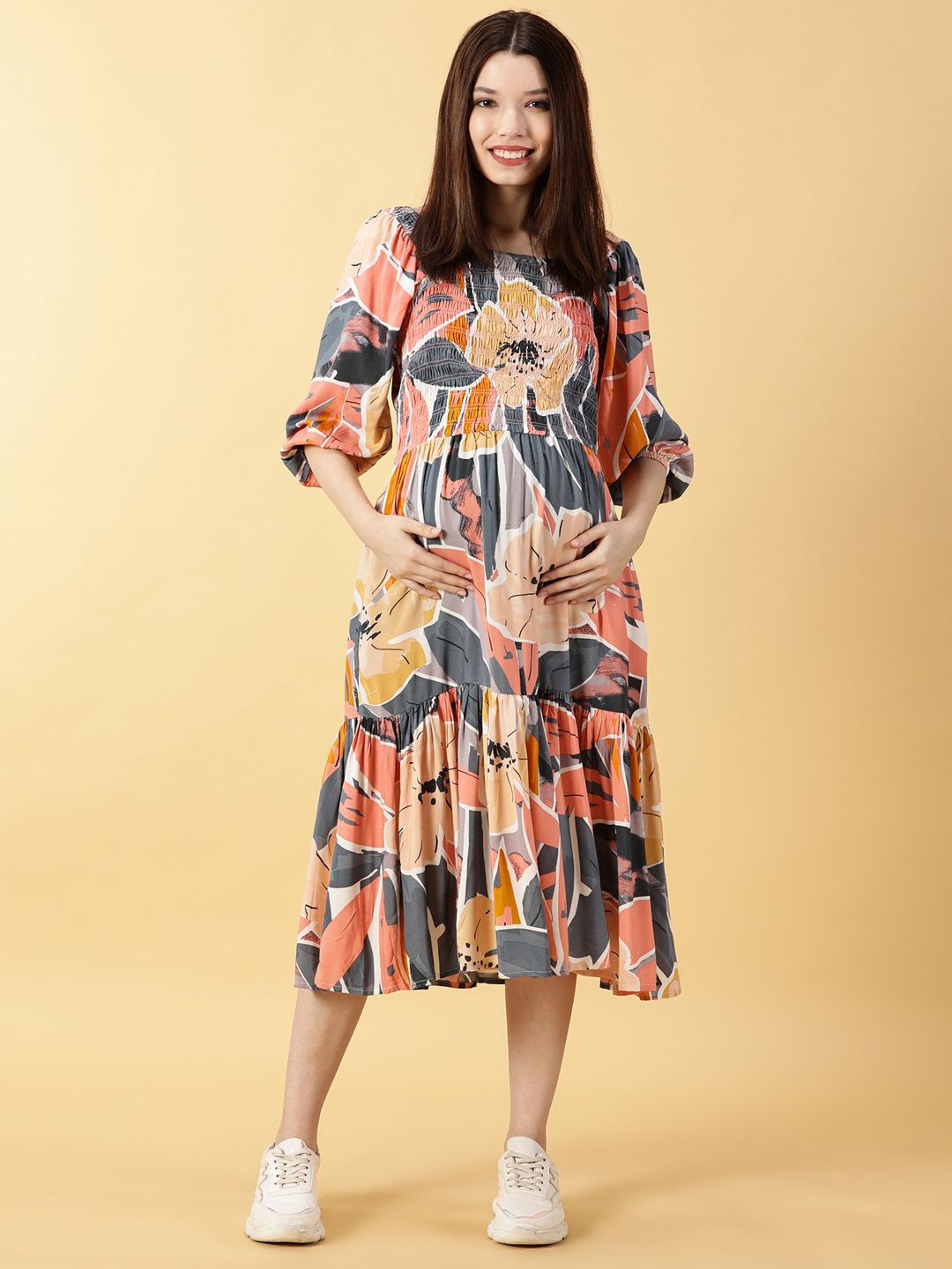 

PURPLE FLAUNT Women Floral Print Flared Sleeve Maternity Fit & Flare Midi Dress, Peach