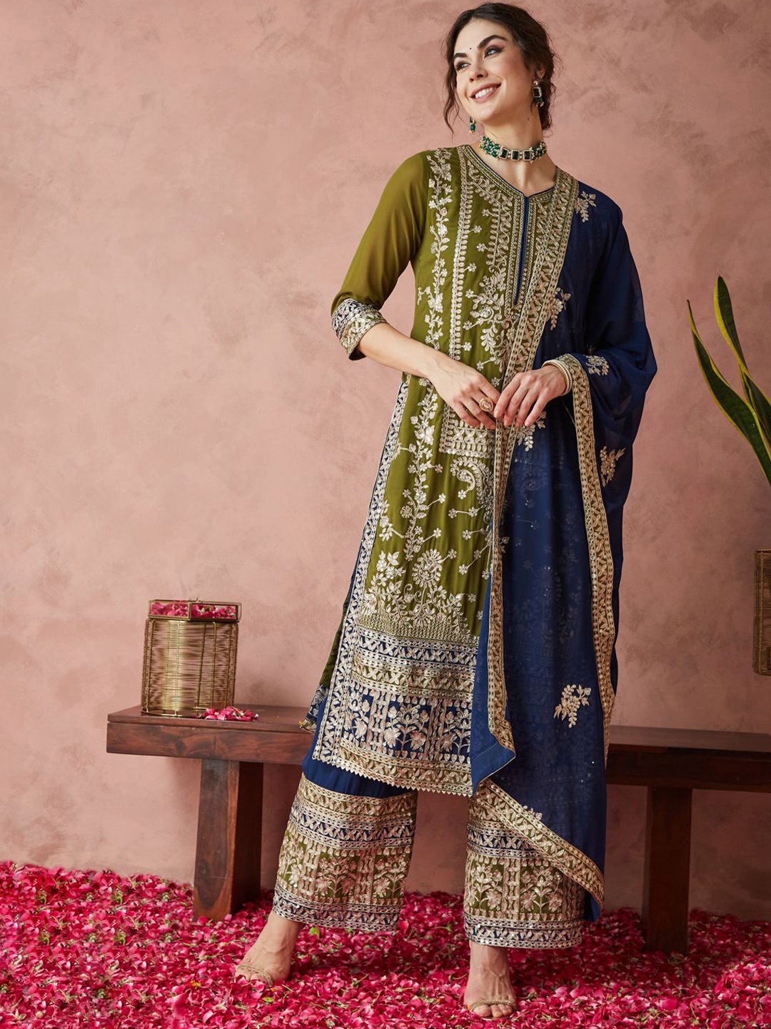 

RAJGRANTH Ethnic Motifs Embroidered Sequinned Georgette Kurta With Palazzo & Dupatta, Olive