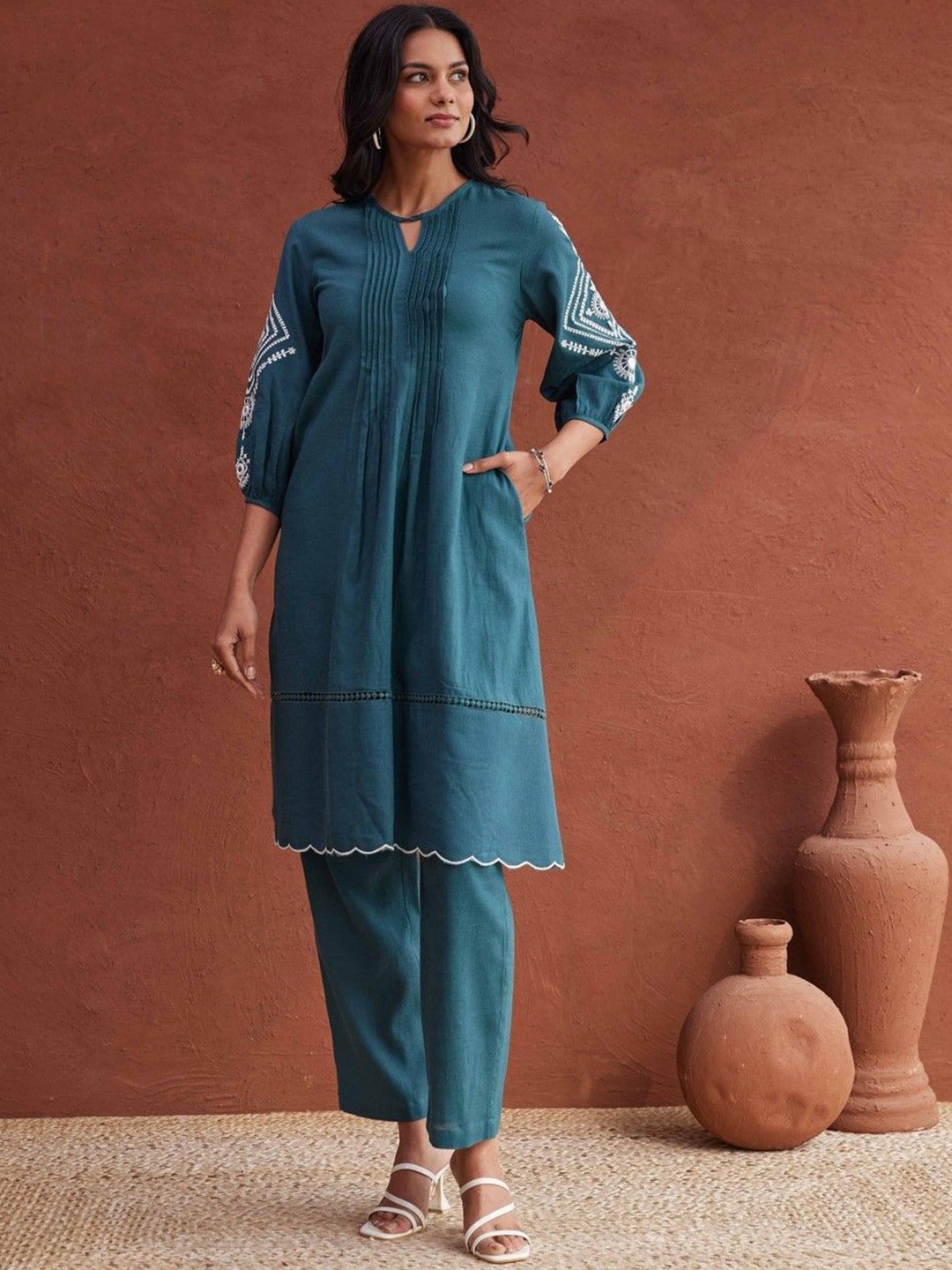 

AUTUMN LANE Pure Cotton Straight Kurta With Trouser, Blue