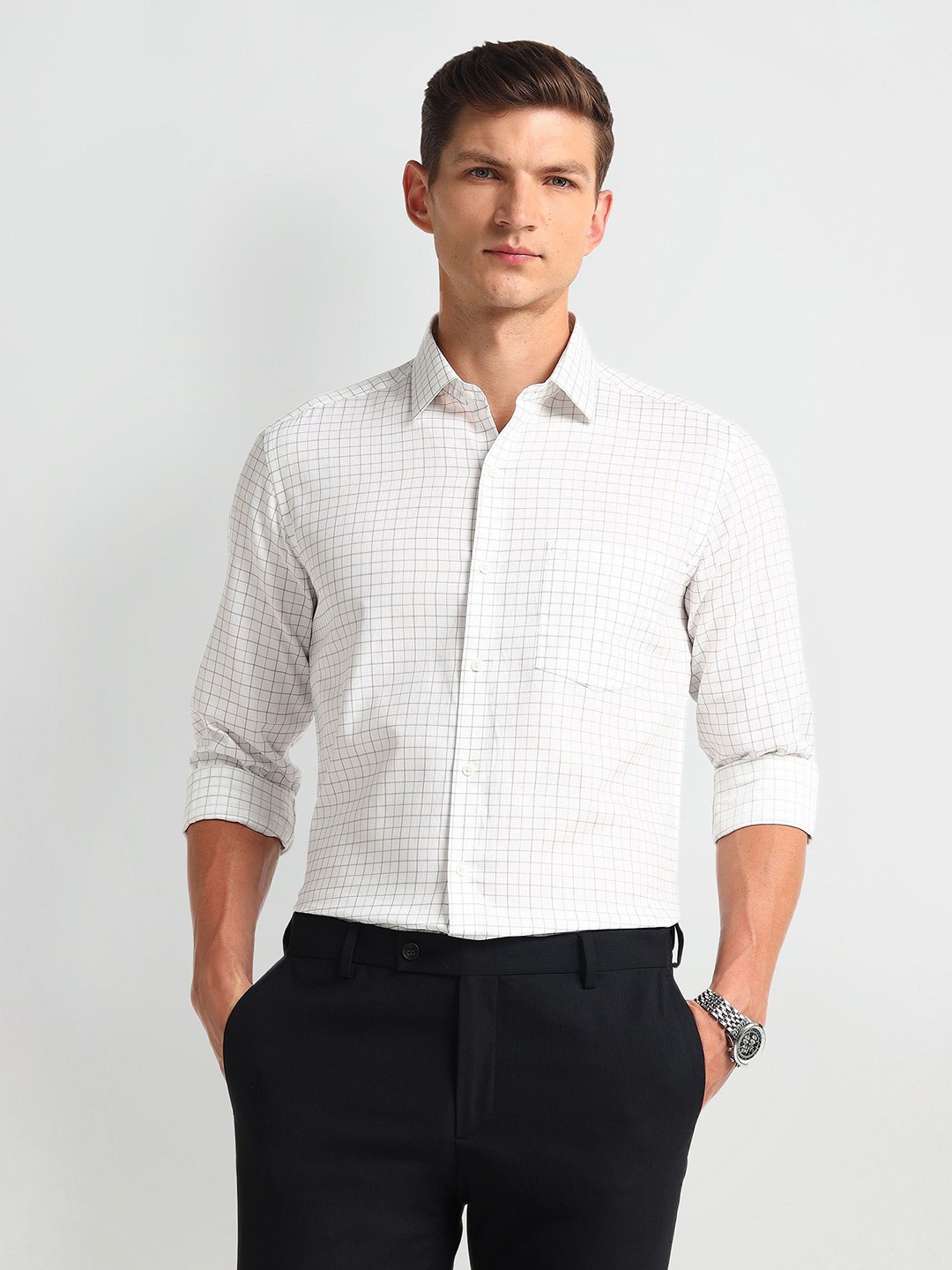 

Arrow Men Modern Spread Collar Checked Cotton Slim Fit Formal Shirt, White