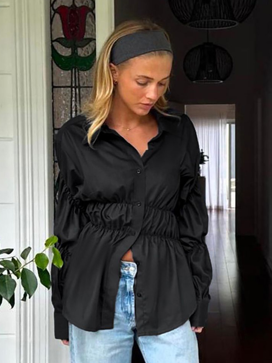 

StyleCast x Revolte Women Cutaway Collar Solid Casual Shirt, Black