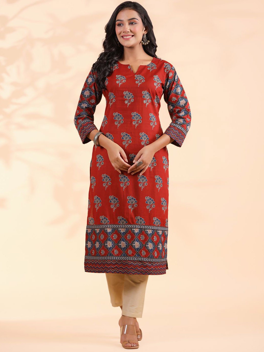 

Vbuyz Red Floral Printed Sequinned Notched Round Neck Cotton Straight Kurta