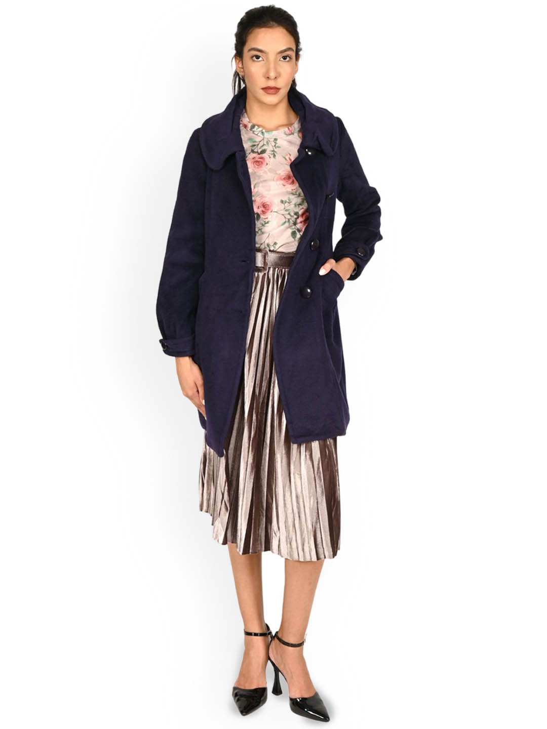 

ODETTE Women Solid Longline Tailored Jacket, Navy blue