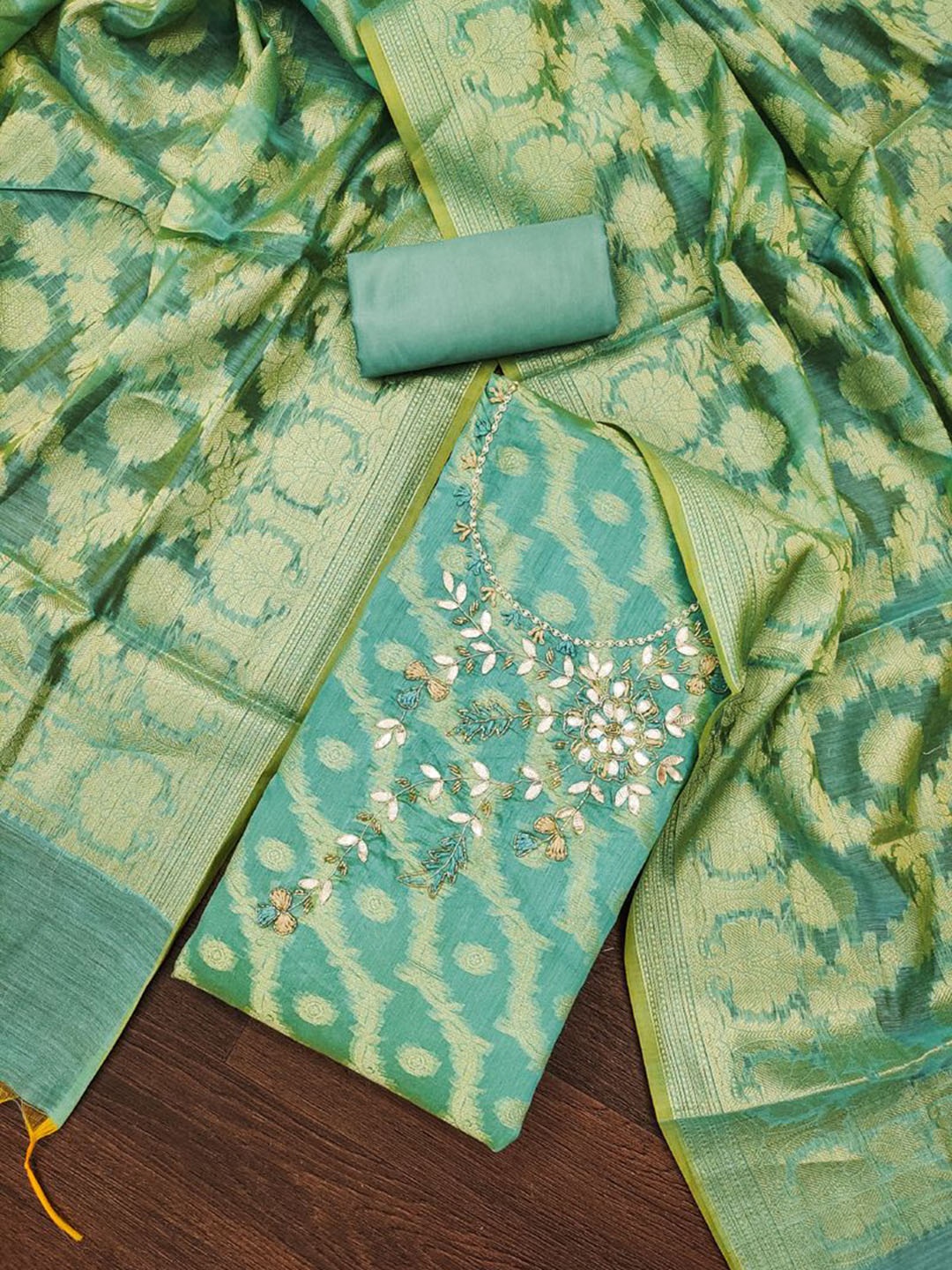 

ASISA Embroidered Art Silk Unstitched Dress Material, Turquoise blue