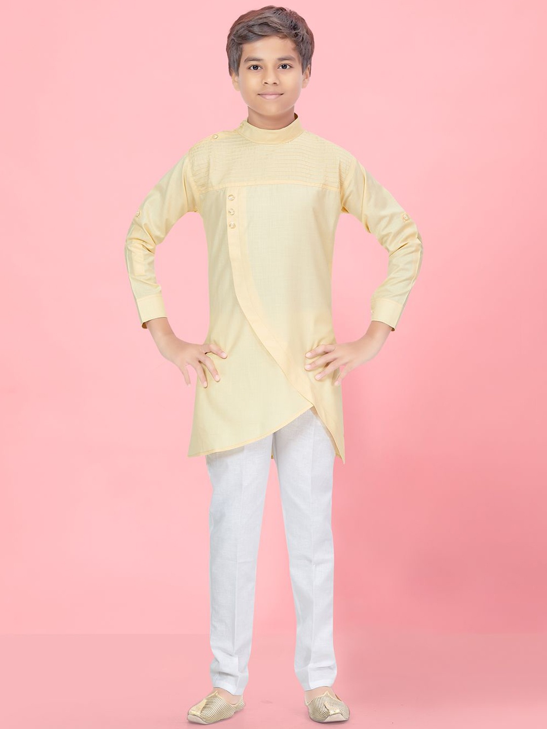 

BAESD Boys Mandarin Collar Pure Cotton Asymmetric Straight Kurta with pyjama, Yellow