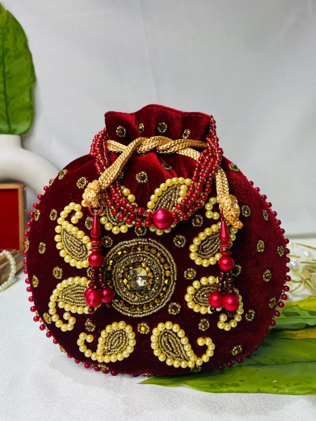 

trendy crafts Embroidered Potli Clutch, Maroon