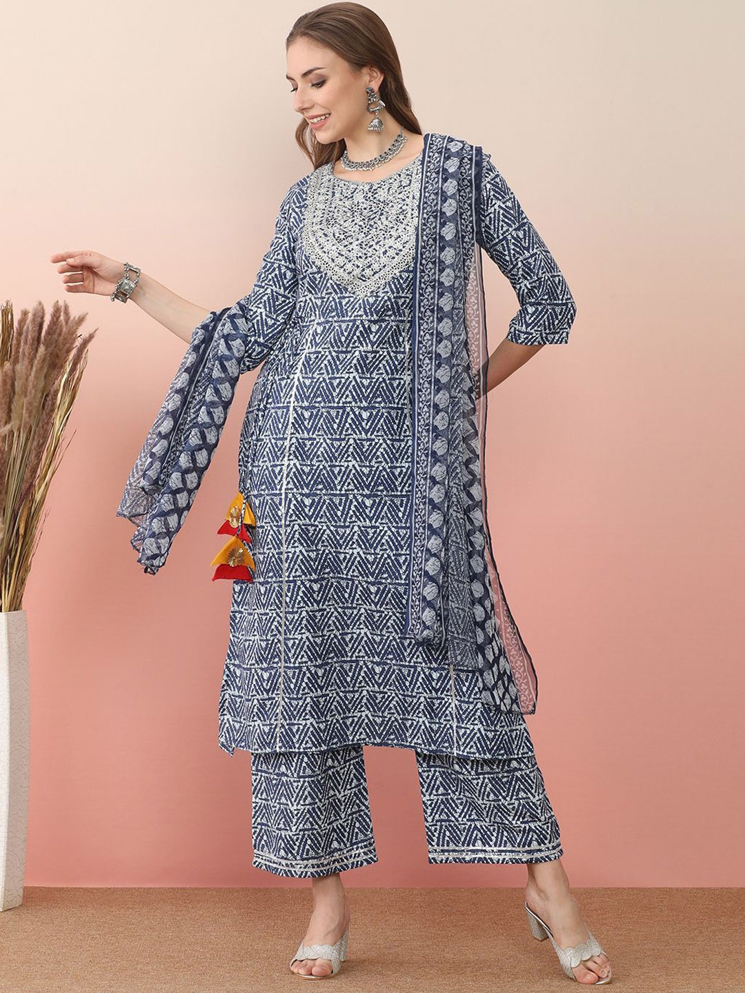 

KALINI Geometric Printed Gotta Patti Straight Kurta With Palazzos & Dupatta, Blue