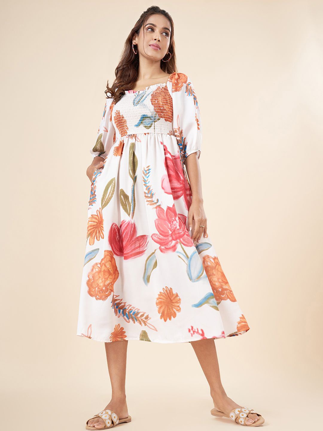 

AKKRITI BY PANTALOONS Floral Print Empire Midi Dress, White