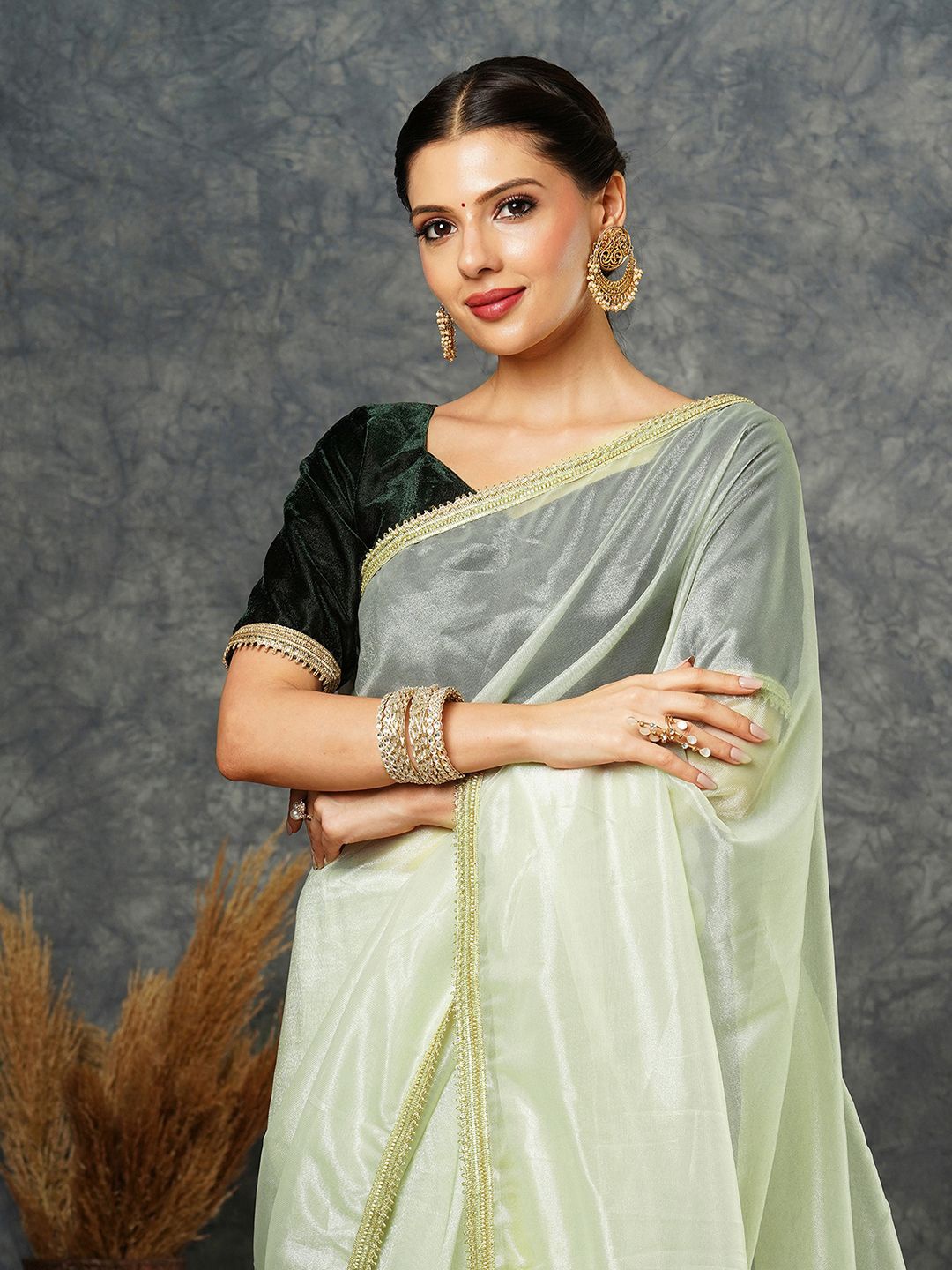 

all about you Solid Beads and Stones Net Saree, Green