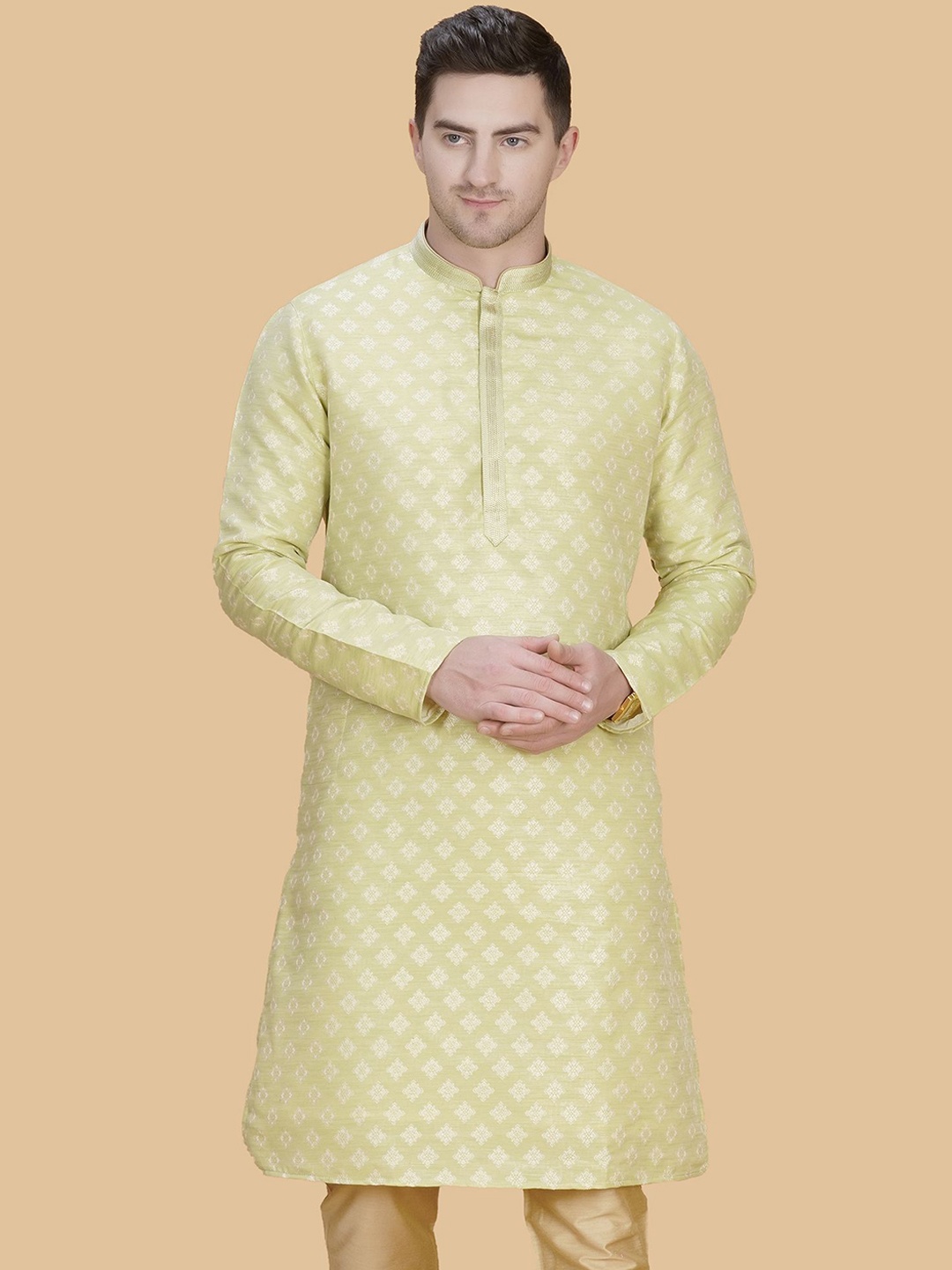 

LA'SCOOT Ethnic Motifs Printed Mandarin Collar Pure Cotton Kurta with Churidar, Green