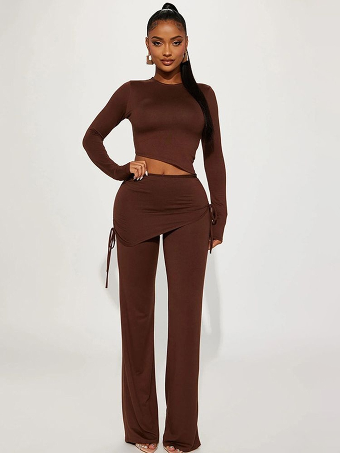 

LULU & SKY Diagonal Hem Top With Trousers, Brown