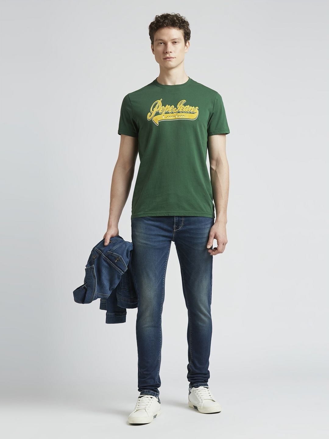 

Pepe Jeans Men Brand Logo Printed Round Neck Pure Cotton Slim Fit T-shirt, Green