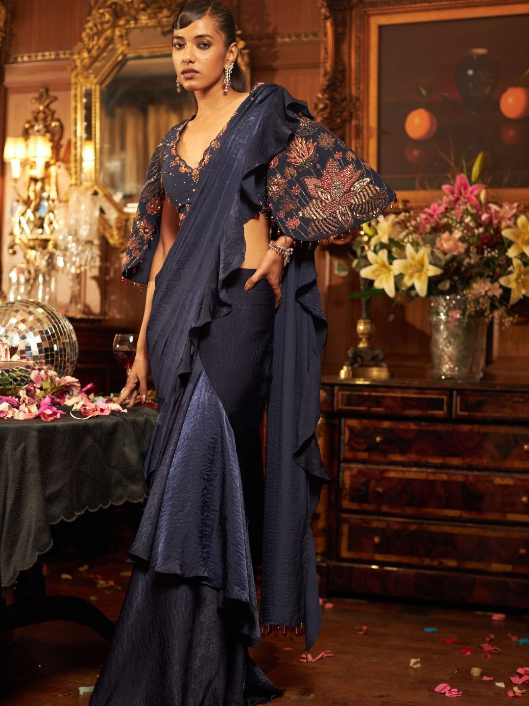 

Shreeka Embroidered Drape Saree Set, Blue