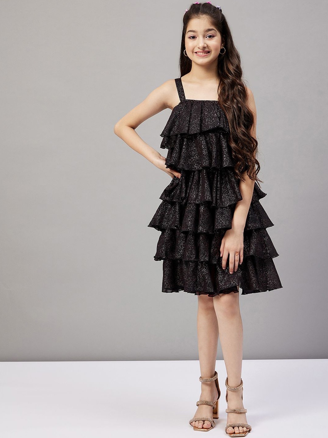 

Stylo Bug Girls Embellished Square Neck Shoulder Straps Fit & Flare Above Knee Dress, Black