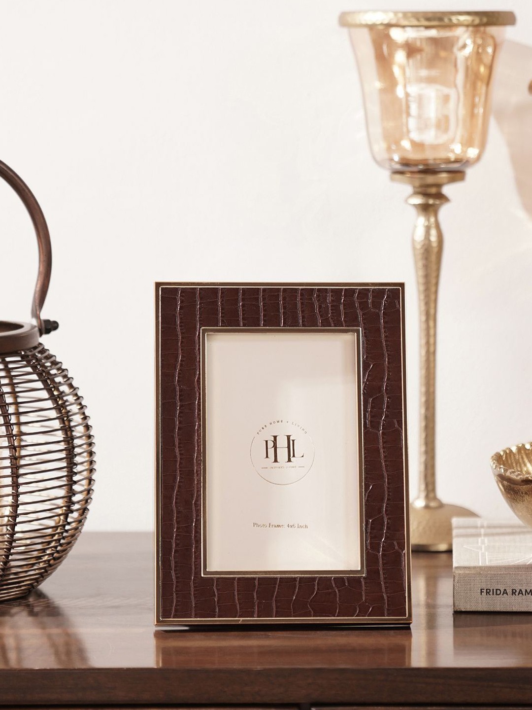 

Pure Home and Living Brown Textured Faux Leather Metal Table Photo Frames