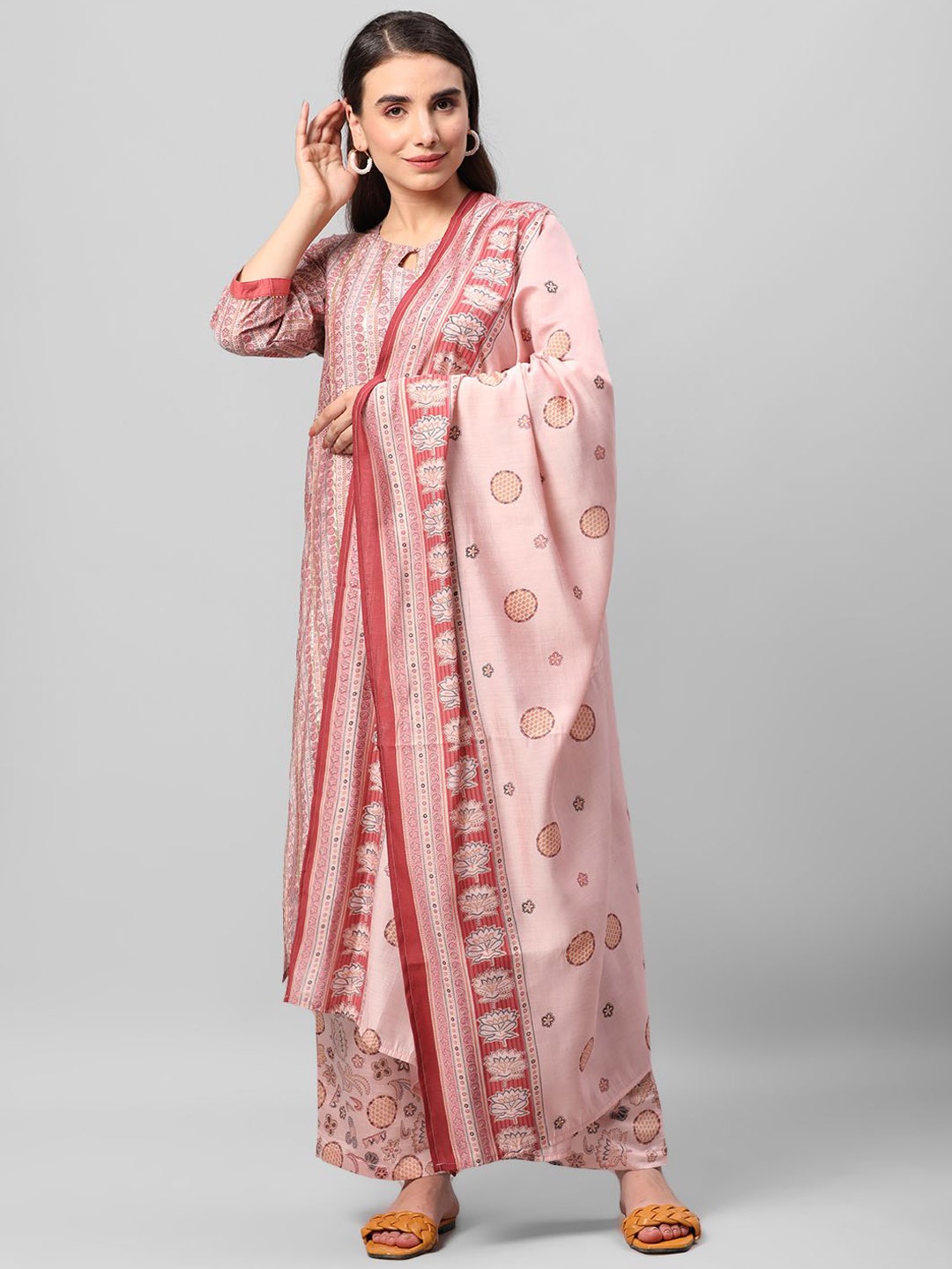 

Shree Floral Printed Keyhole Neck Chanderi Silk Straight Kurta With Palazzos & Dupatta, Pink