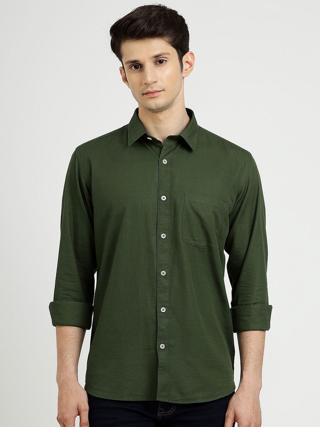 

JADE BLUE Men Spread Collar Solid Cotton Casual Shirt, Green