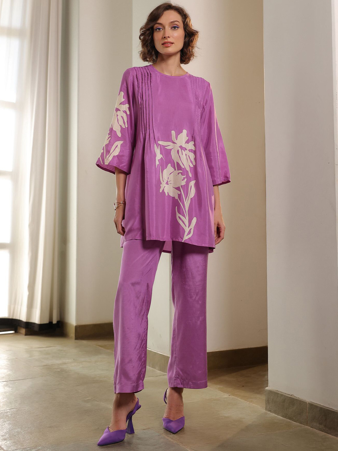 

JISORA Floral Printed Pure Silk Tunic With Trousers, Purple