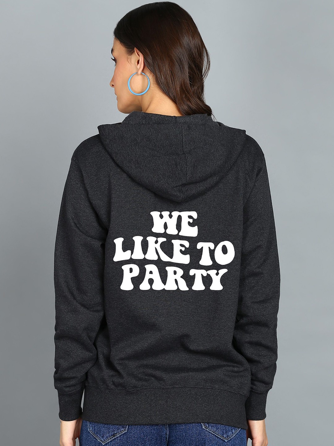 

FALTU.CO Women Typography Printed Hooded Ribbed Cotton Sweatshirt, Charcoal