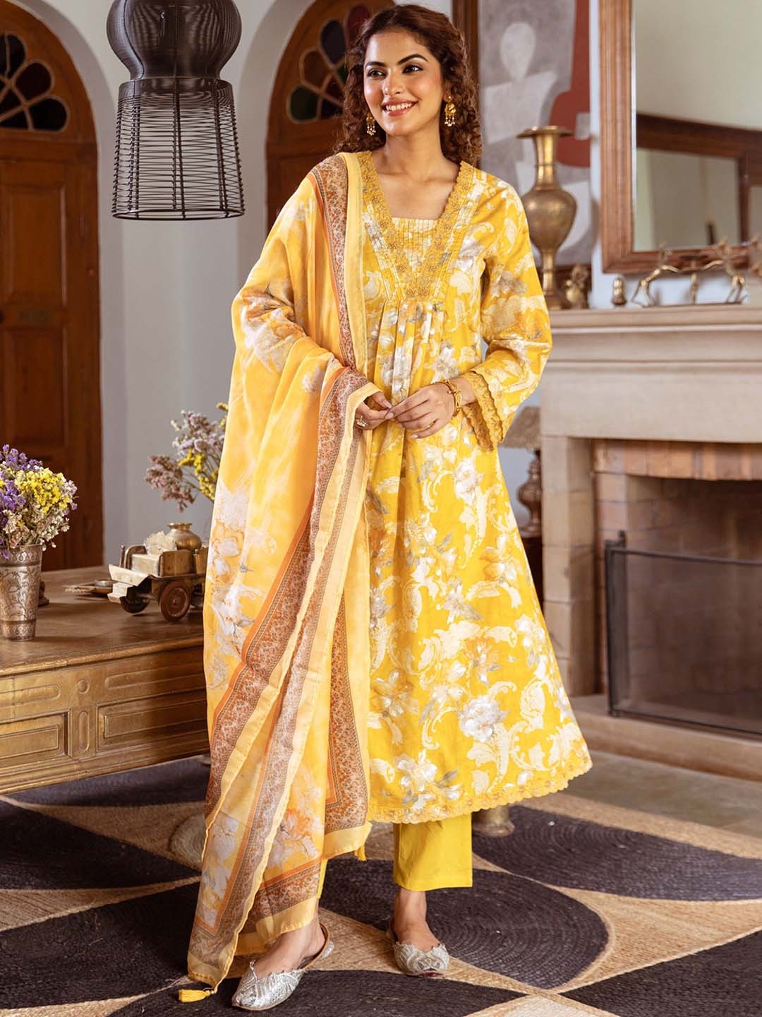 

AUTUMN LANE Floral Printed Empire Thread Work Pure Cotton Kurta With Trousers & Dupatta, Yellow