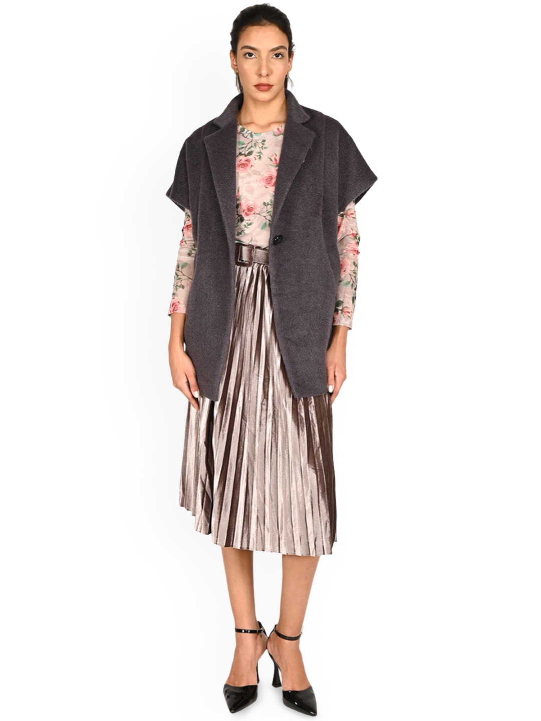 

ODETTE Women Floral Open Front Jacket with Embroidered, Grey