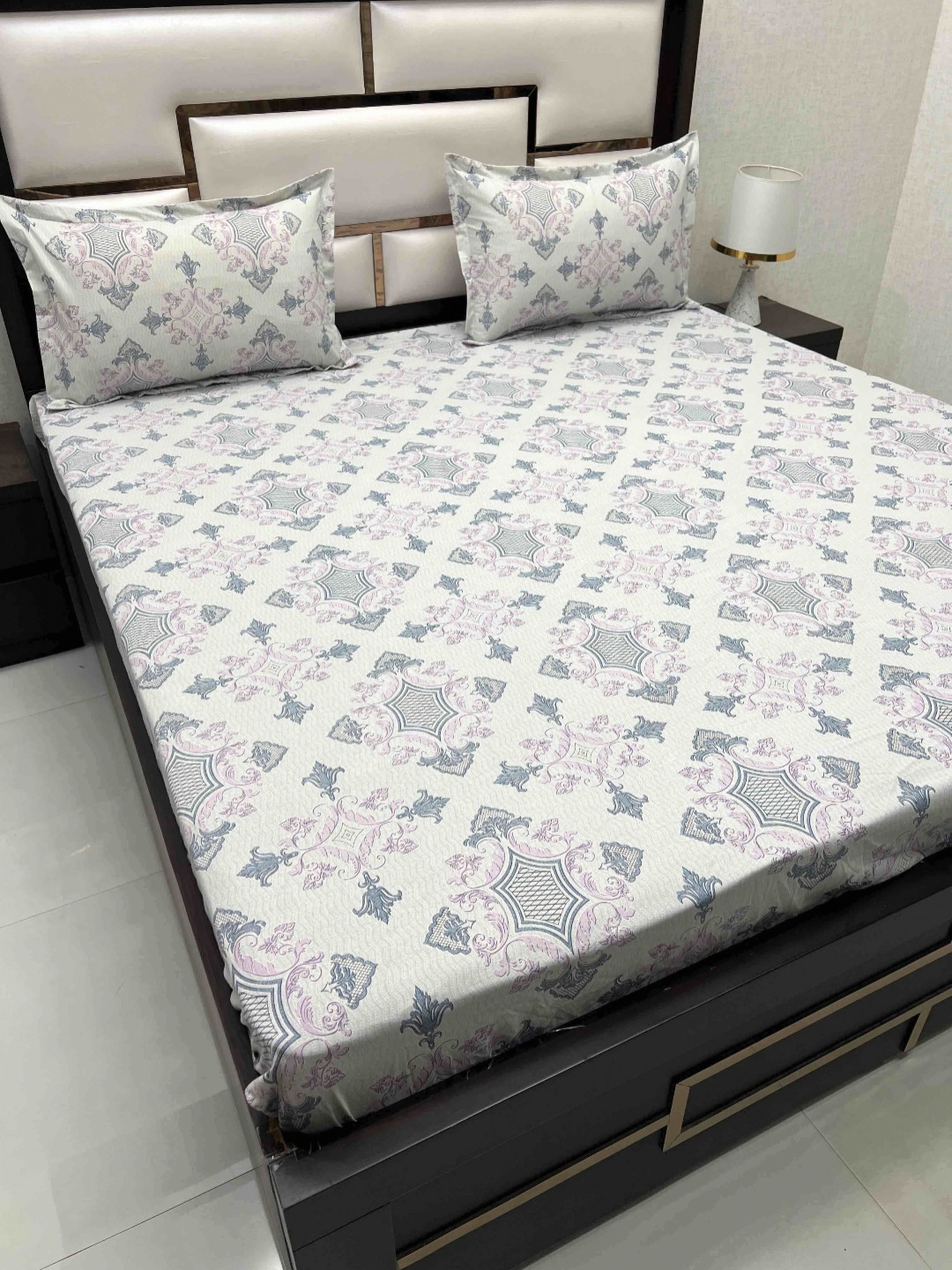 

Pure Decor Ruby White Printed 330 TC Pure Cotton Fitted King Bedsheet with 2 Pillow Covers