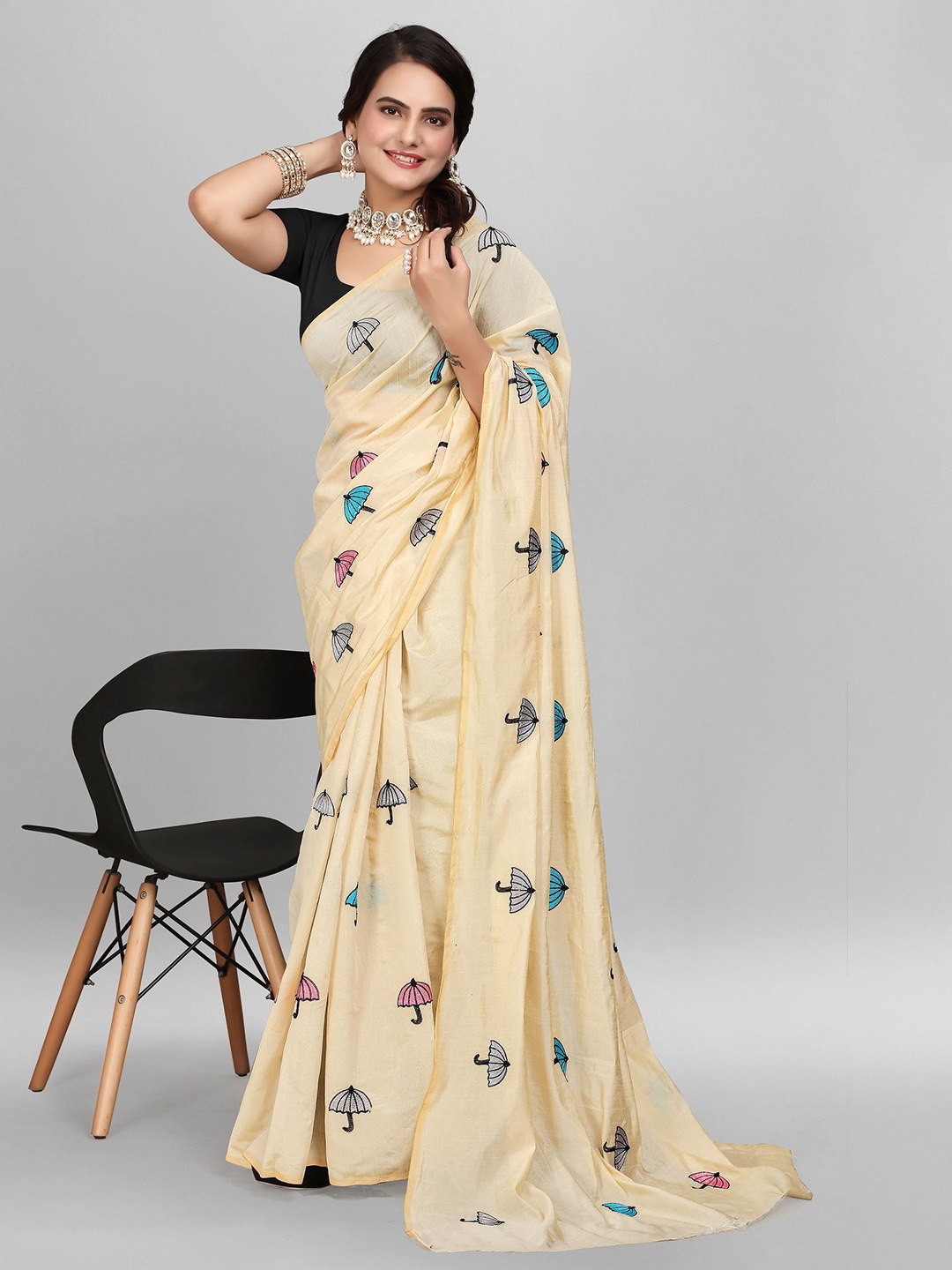 

Aika Abstract Embroidered Pure Cotton Chanderi Ready to Wear Saree, Cream