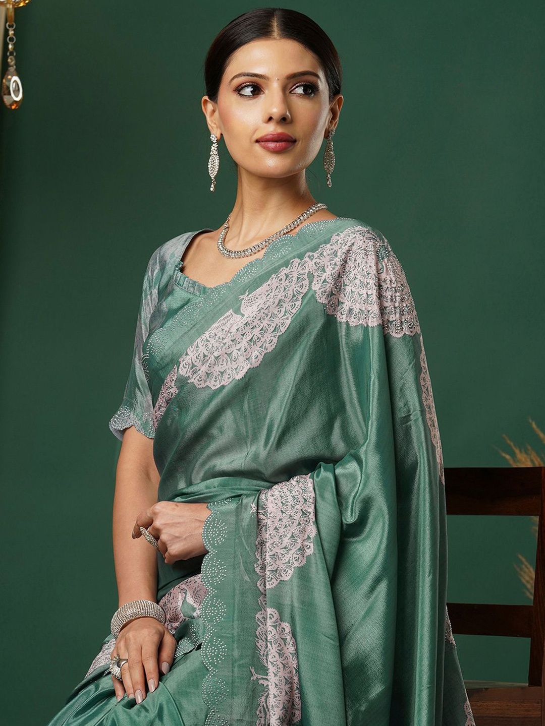 

Satrani Ethnic Motifs Printed Beads and Stones Pure Silk Saree, Green