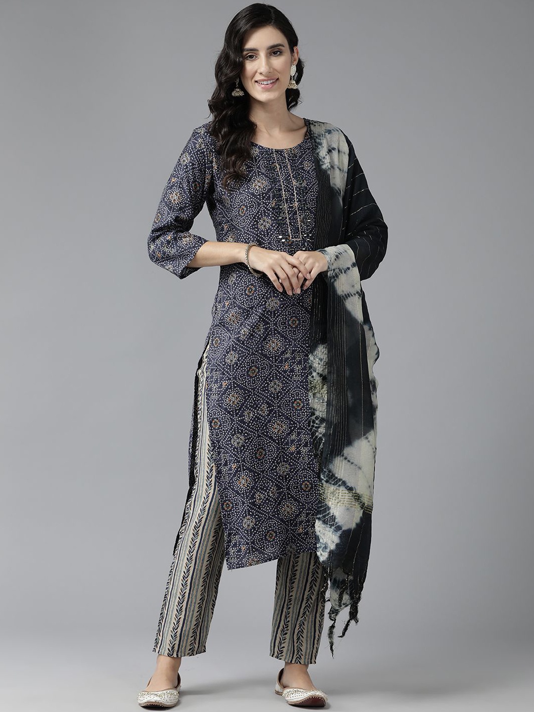

BAESD Ethnic Motifs Printed Pure Silk Straight Kurta With Trousers & Dupatta, Navy blue