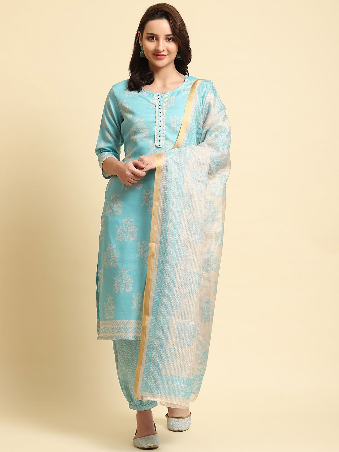 

Shree Floral Printed Liva Straight Kurta with Salwar Pants & With Dupatta, Blue
