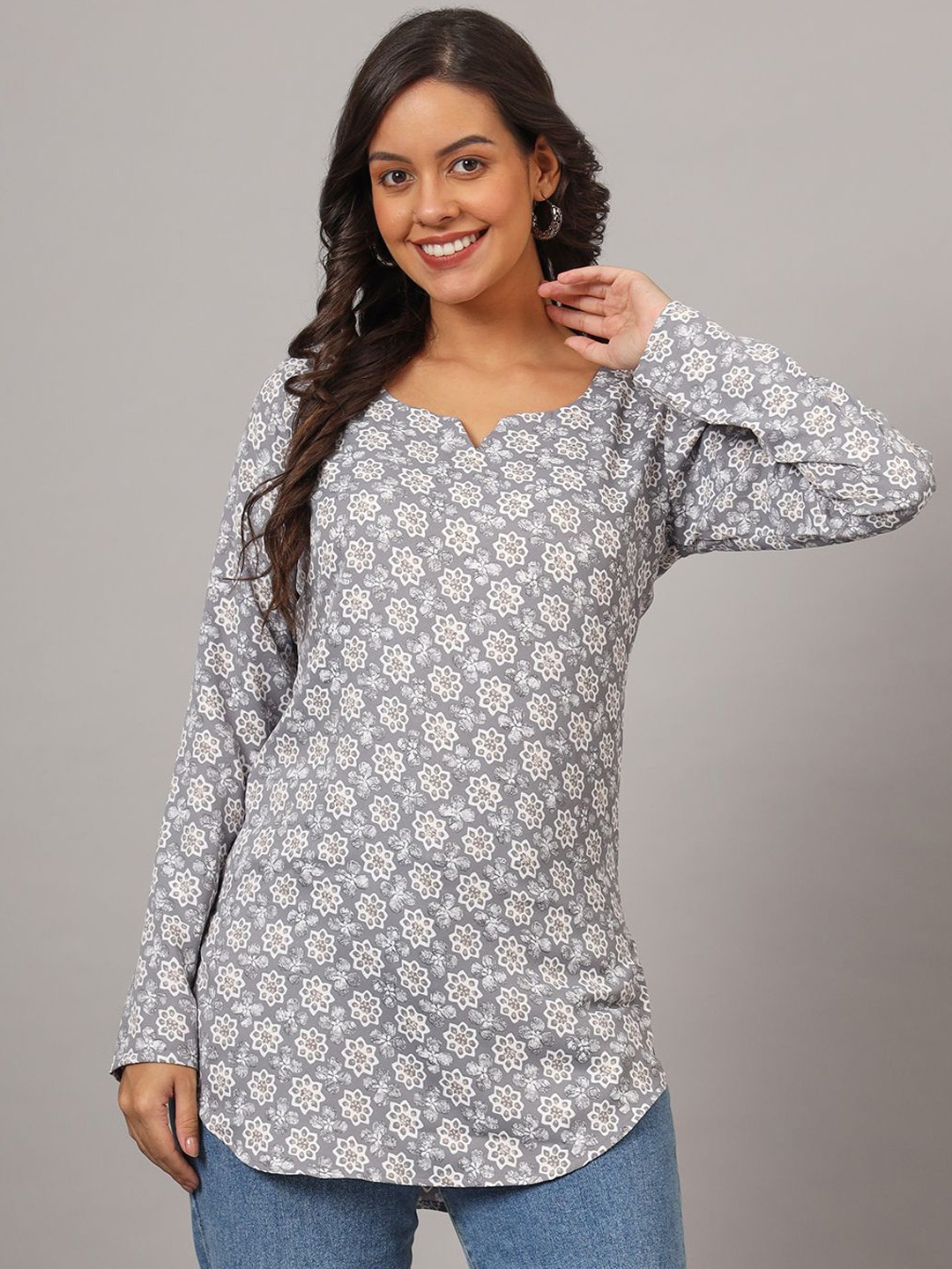 

DHAKRE FASHION Floral Printed Long Sleeves Pure Silk Kurti, Grey