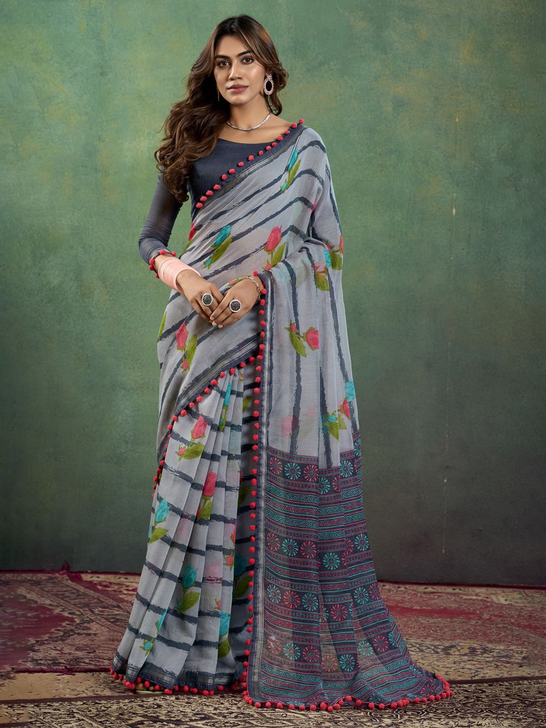 

CHUDIYA Striped Pure Cotton Pumpum Lace Saree, Grey