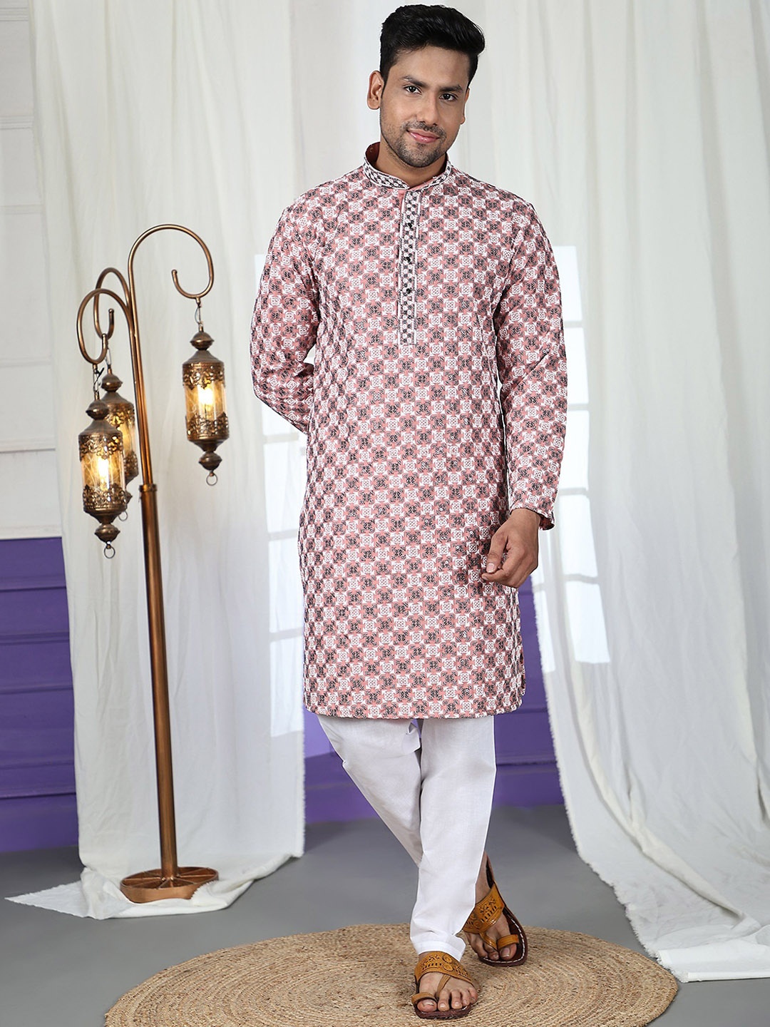 

Pro-Ethic STYLE DEVELOPER Geometric Embroidered Sequinned Pure Cotton Kurta & Pyjamas, Peach