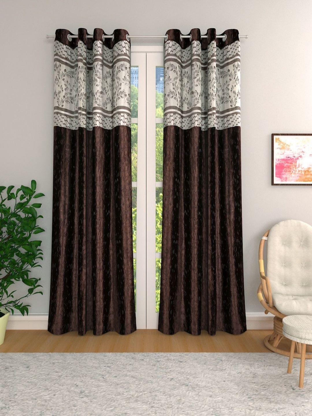 

ROMEE Coffee Brown & White 2 Pieces Floral Printed Room Darkening Door Curtain