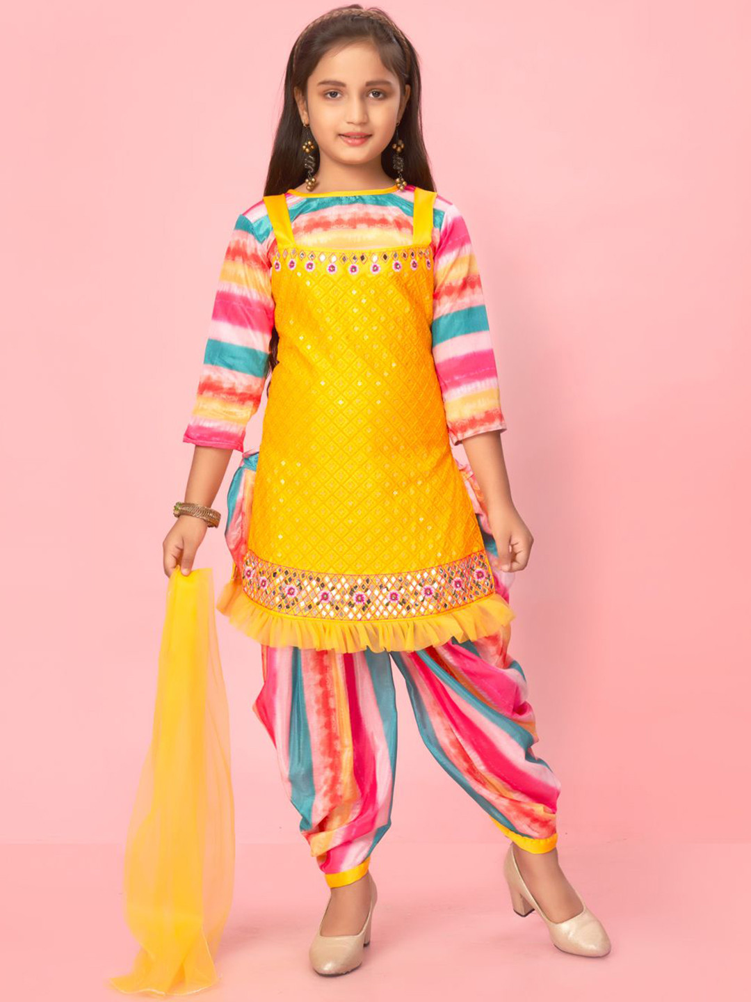 

BAESD Girls Ethnic Motifs Embroidered Mirror Work Pure Silk Kurta with Patiala & Dupatta, Yellow