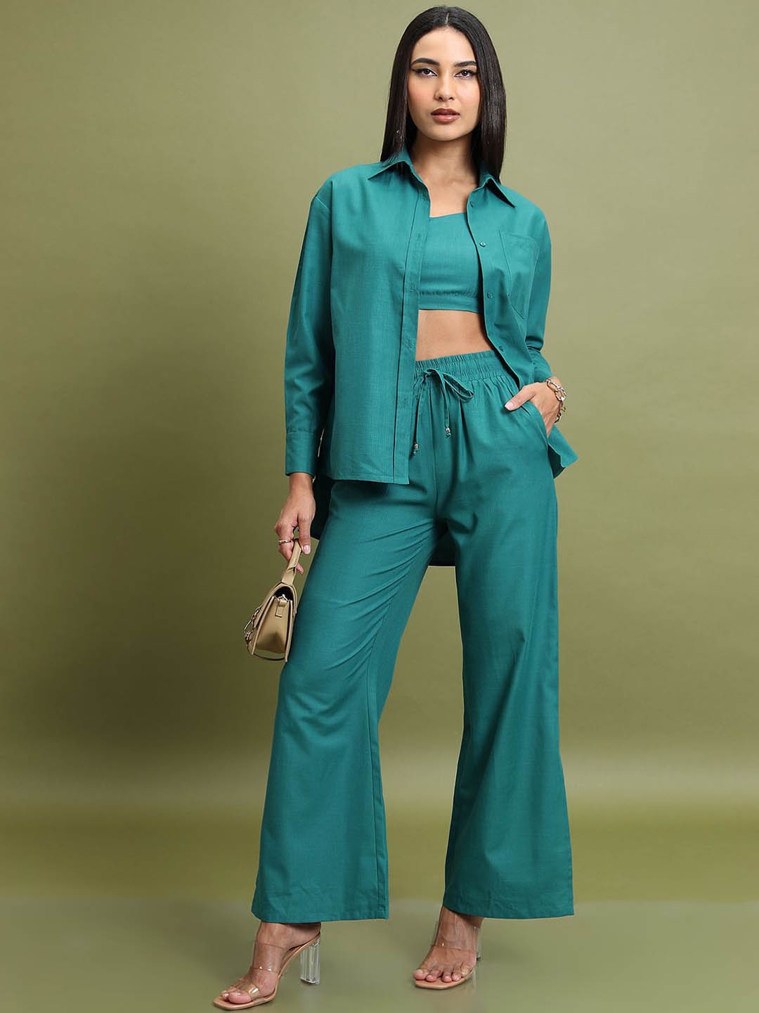 

Tokyo Talkies Teal Green Long Sleeves Shirt Crop Top & Trouser