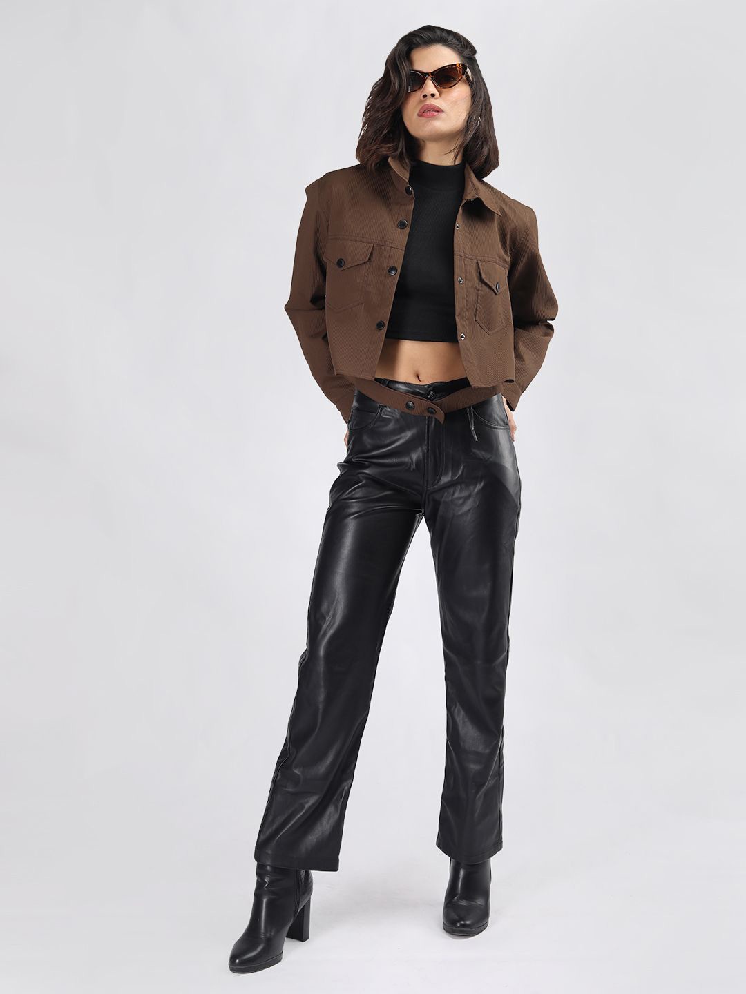 

CHKOKKO Women Solid Crop Tailored Jacket, Coffee brown