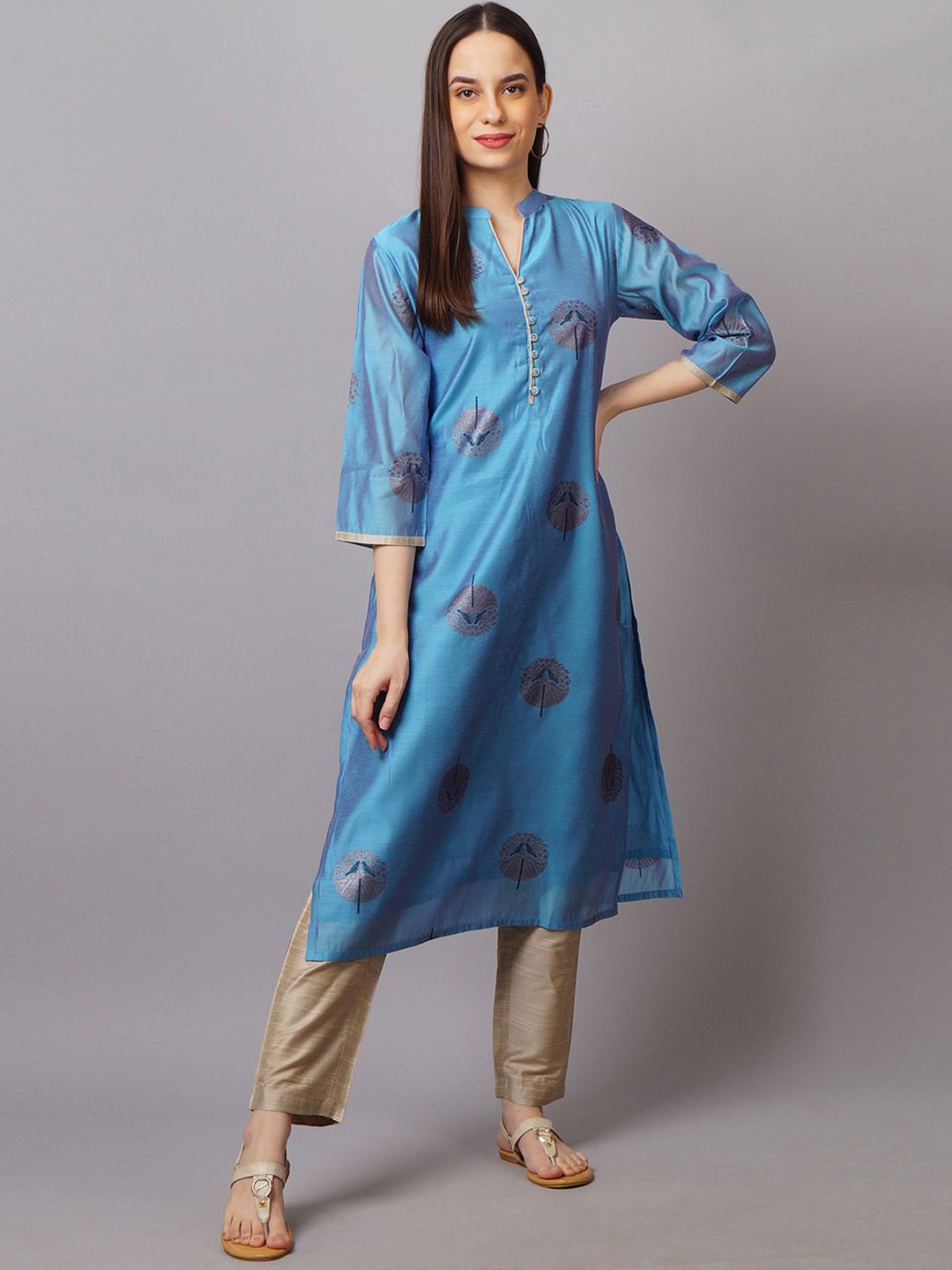 

Shree Ethnic Motifs Printed Chanderi Silk Sraight Kurta with Trousers, Blue