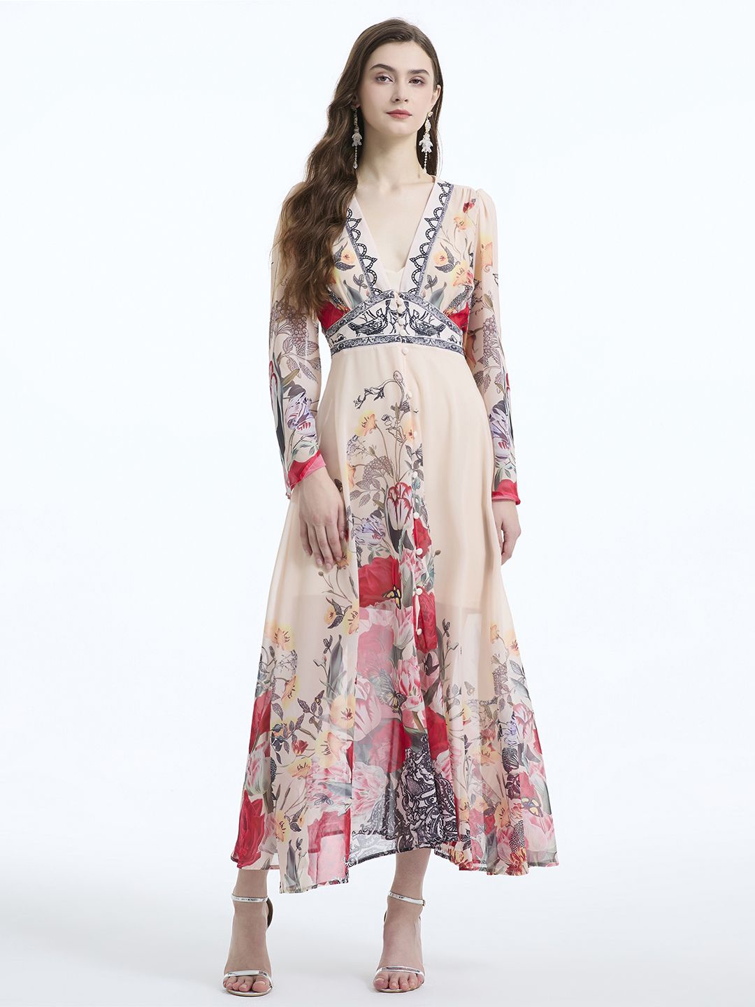 

JC Collection Women Floral Printed V-Neck Flared Sleeves Maxi Dress, Beige